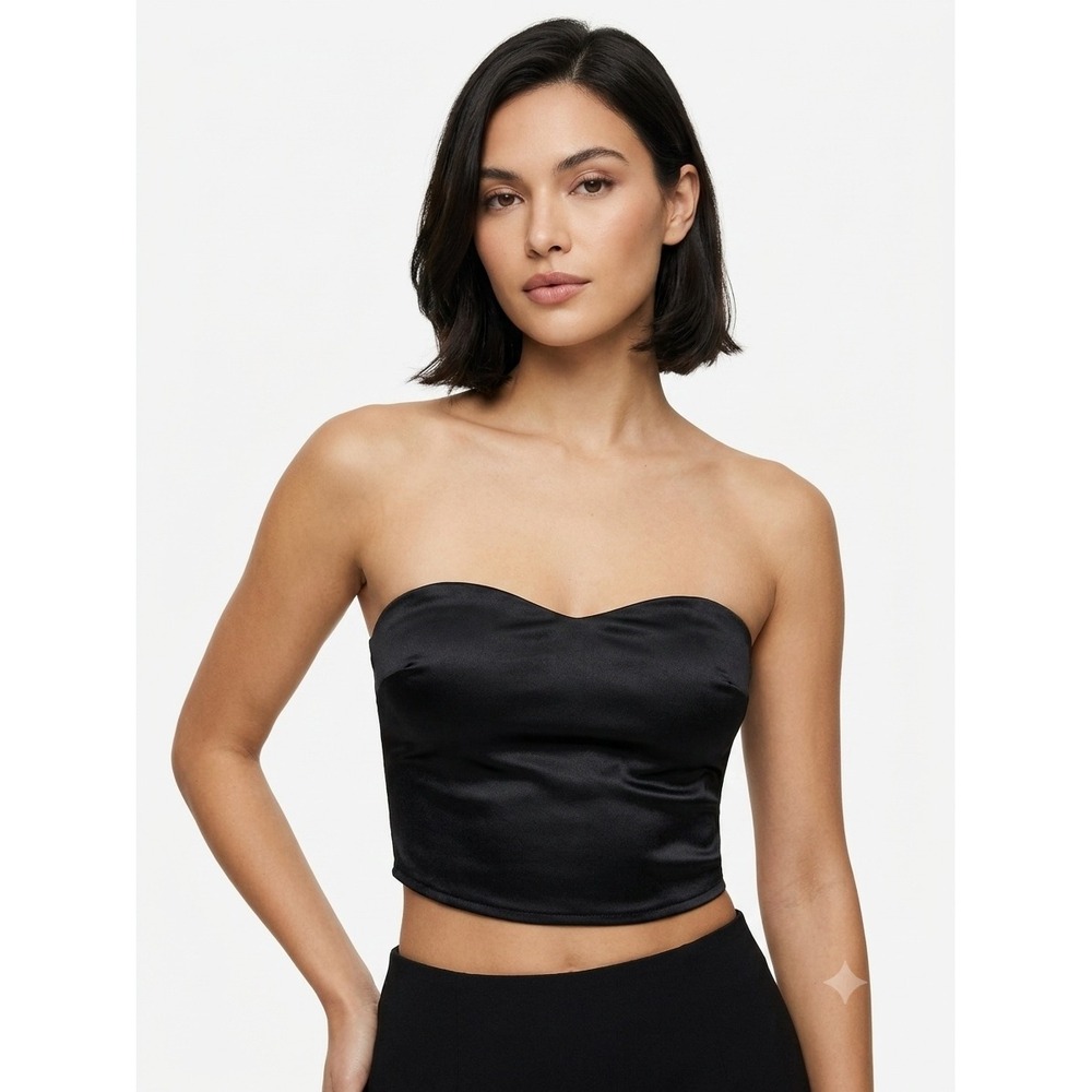 ZARA Satin Effect Bustier Tube Top Strapless Sweetheart Neckline Black Medium